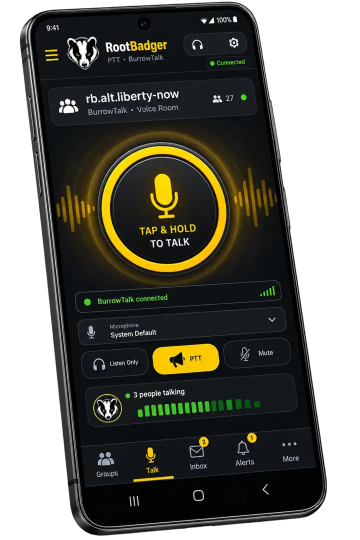 BurrowTalk push-to-talk voice room on the RootBadger Android app